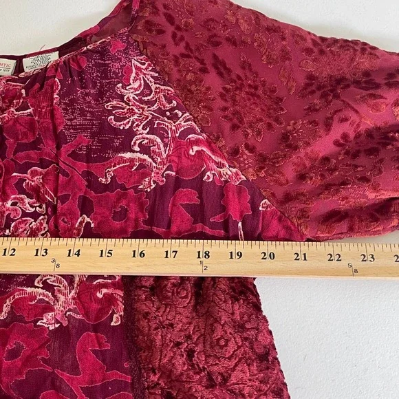 Vintage Faded Glory Peasant Top Women XL Red Floral Velvet Burnout Bell Sleeve - Picture 9 of 10